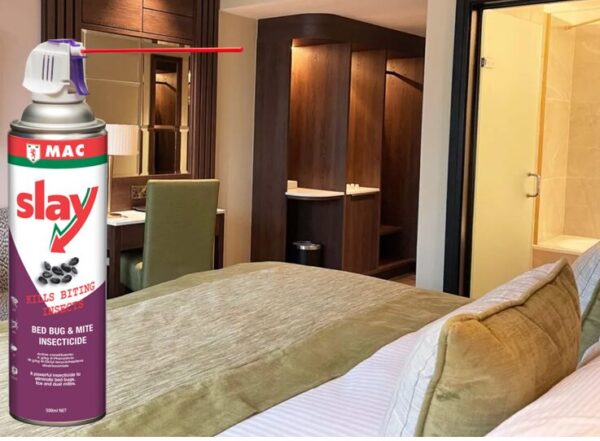 Hotel Room w MAC Slay Bed Bug Spray MAC Slay Bed Bug & Mite Insecticide - Trigger & Extension 500ml