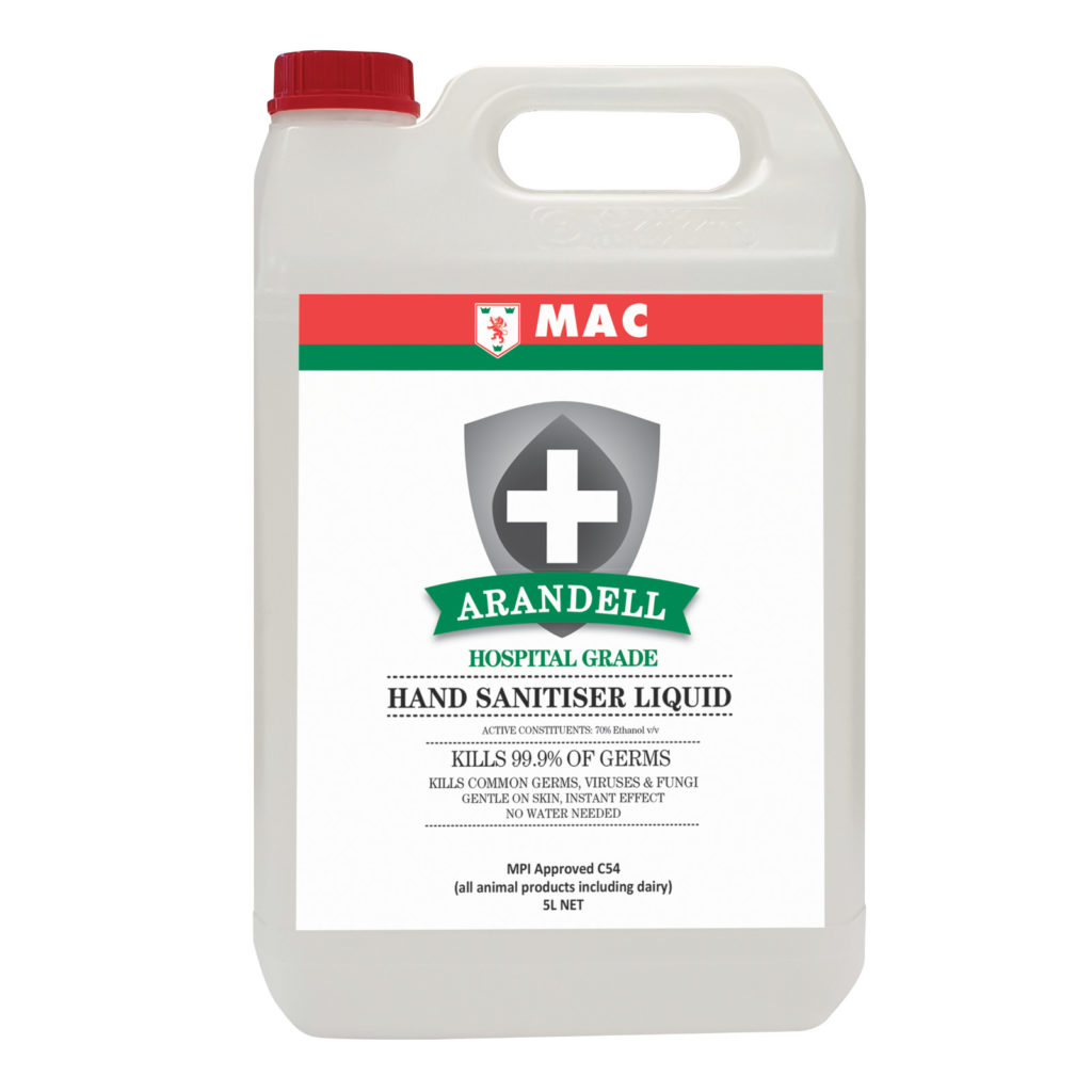 Bulk liquid hand sanitiser being dispensed from an automatic wall-mounted unit – MAC Arandell Hand Sanitiser Bulk Liquid