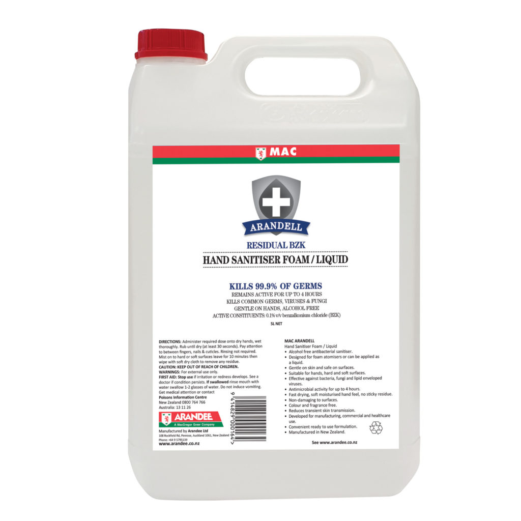 MAC Arandell BZK Foaming Hand Sanitiser 5L/210L – alcohol-free foaming antibacterial sanitiser in large refill containers, designed for wall-mounted dispensers in commercial or healthcare settings