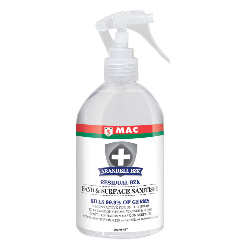 MAC Arandell BZK Hand and Surface Sanitiser 500ml bottle for long-lasting antimicrobial protection
