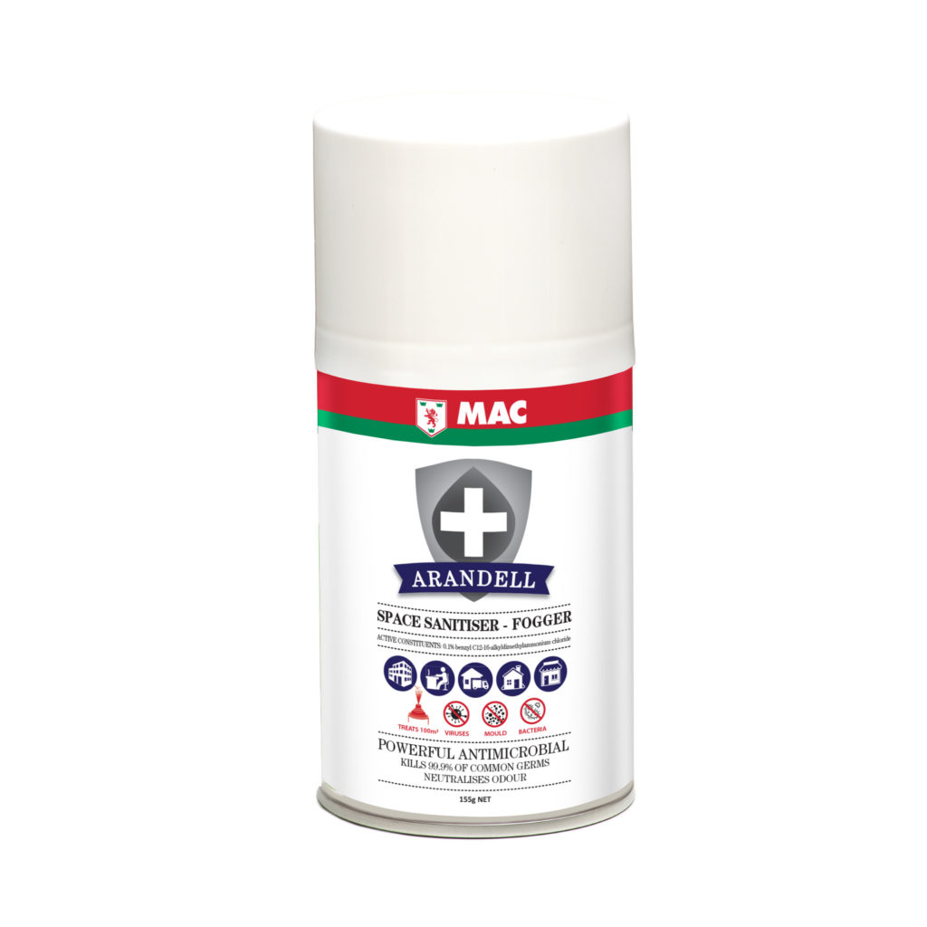 MAC Arandell Space Sanitiser Fogger 155g – powerful antimicrobial aerosol fogger for fast, effective disinfection of rooms and shared spaces.