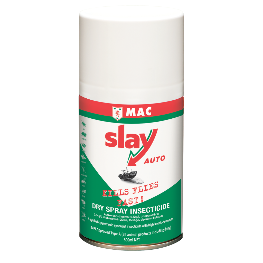 MAC Slay Professional Dry Insecticide 300ml can for automatic dispensers – commercial-grade insect control solution, MPI approved Type A, New Zealand.