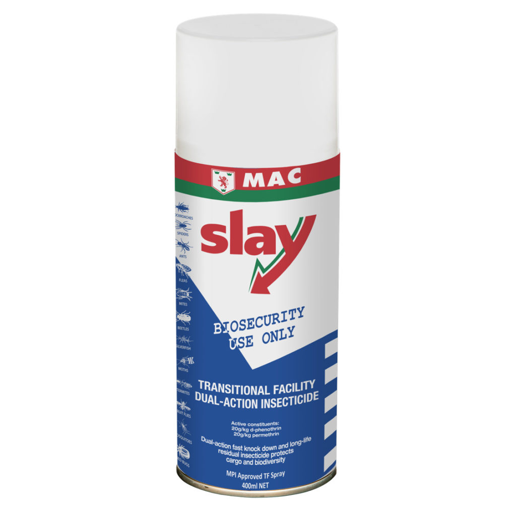 MAC Slay Transitional Facility Dual-Action Insecticide 400ml – MPI approved dual-action space spray for transitional facilities, border biosecurity, and container fumigation in New Zealand.