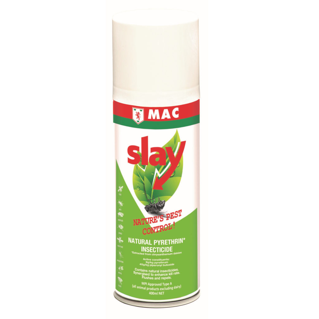 MAC Slay Natural Insecticide Auto 250ml can for Ecomist dispensers, providing plant-based fly and insect control for homes, kitchens, and sensitive environments