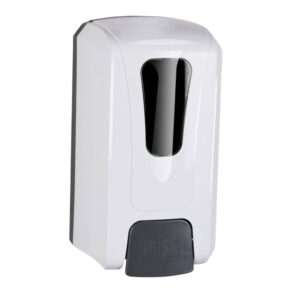 MAC Hand Sanitiser and Soap Dispenser wall-mounted hygiene unit with push button, shown in white with black front panel