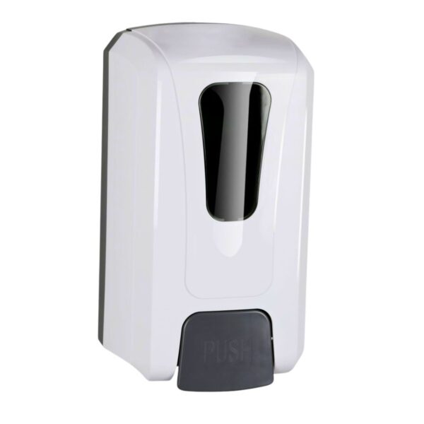 MAC Hand Sanitiser and Soap Dispenser wall-mounted hygiene unit with push button, shown in white with black front panel