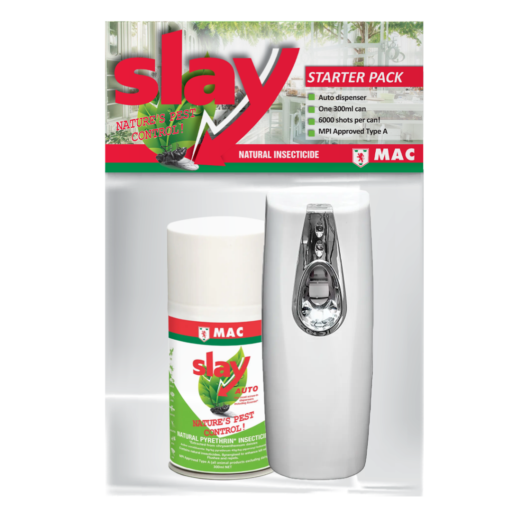MAC Slay Natural Insecticide Auto Value Pack, featuring a pyrethrum-based insect spray can and automatic dispenser for continuous natural fly and insect control in homes and sensitive environments.