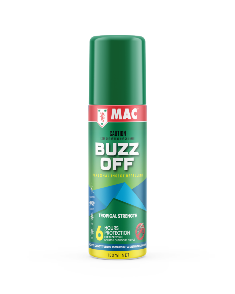 MAC Buzz Off Tropical Strength Insect Repellent 150ml aerosol can – tropical strength personal insect repellent, natural insect control NZ