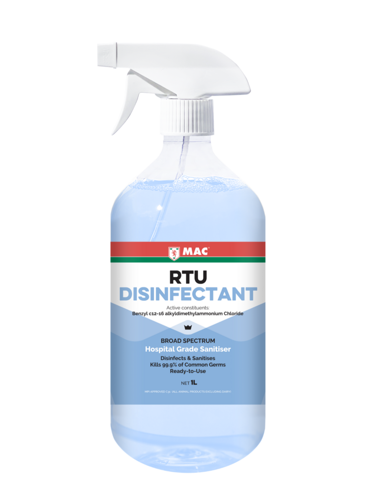 MAC RTU Disinfectant 1L spray bottle, hospital grade surface sanitiser – made in New Zealand