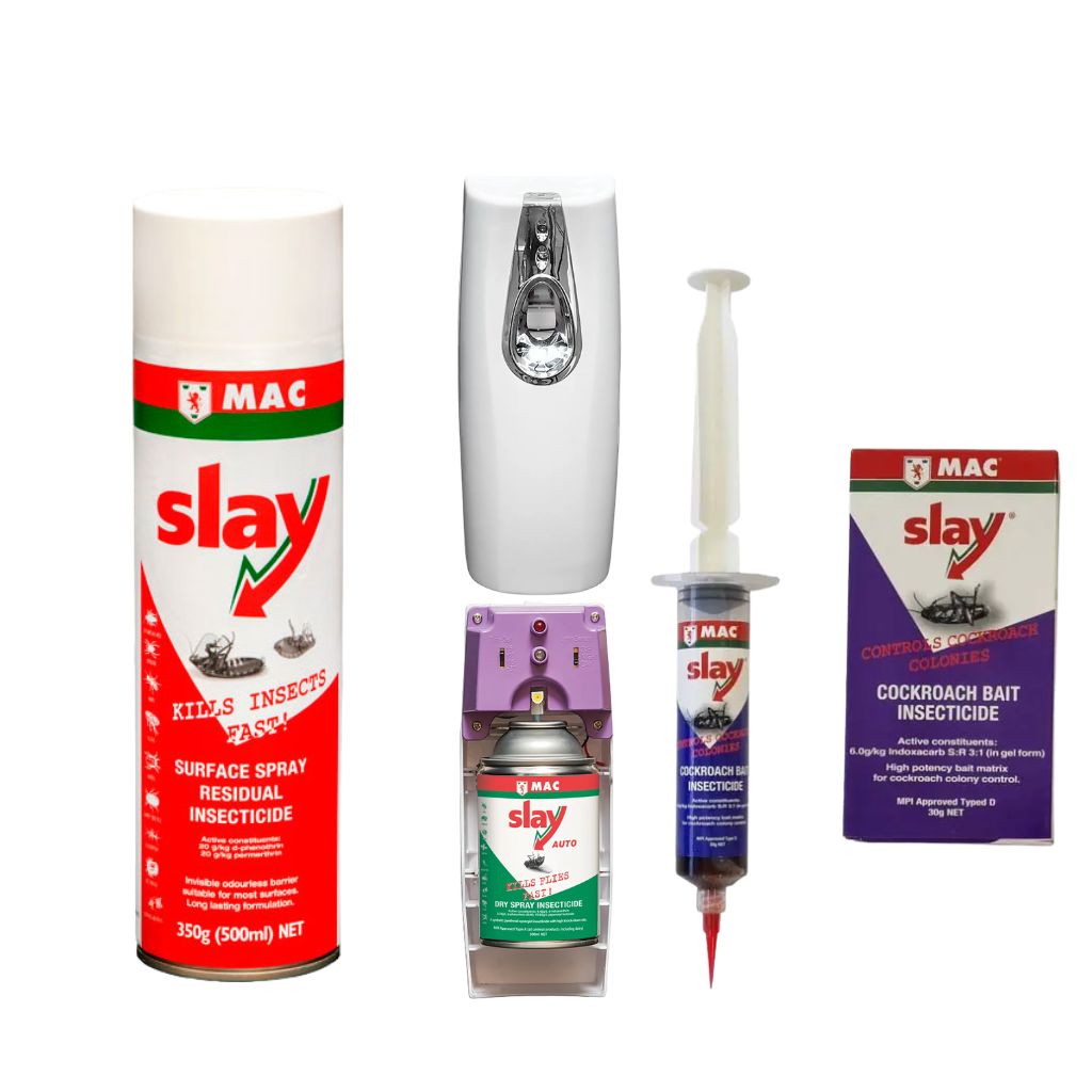 MAC Slay Insecticides NZ range including residual spray, cockroach bait, and automatic dispensers – trusted MPI approved pest control products NZ.