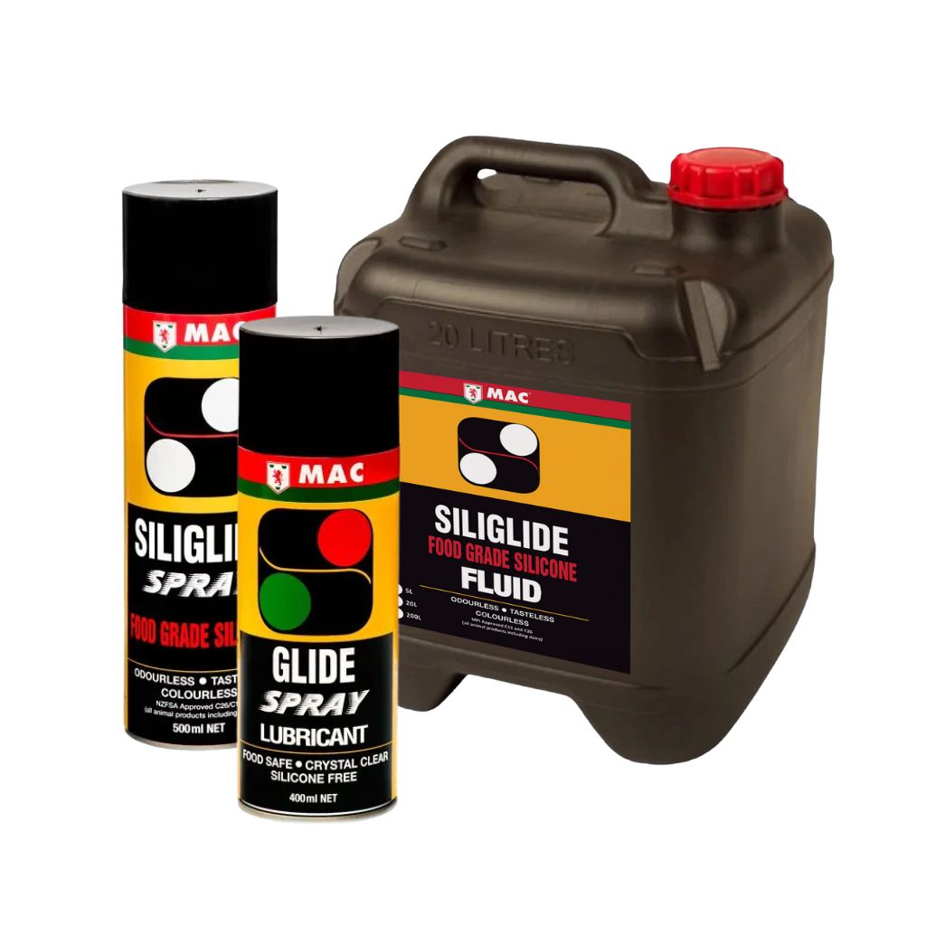 MAC Siliglide Food Grade Silicone Spray, Fluid and MAC Glide Spray Silicone-Free – MPI approved chemical solutions for food-grade and industrial lubrication in New Zealand.