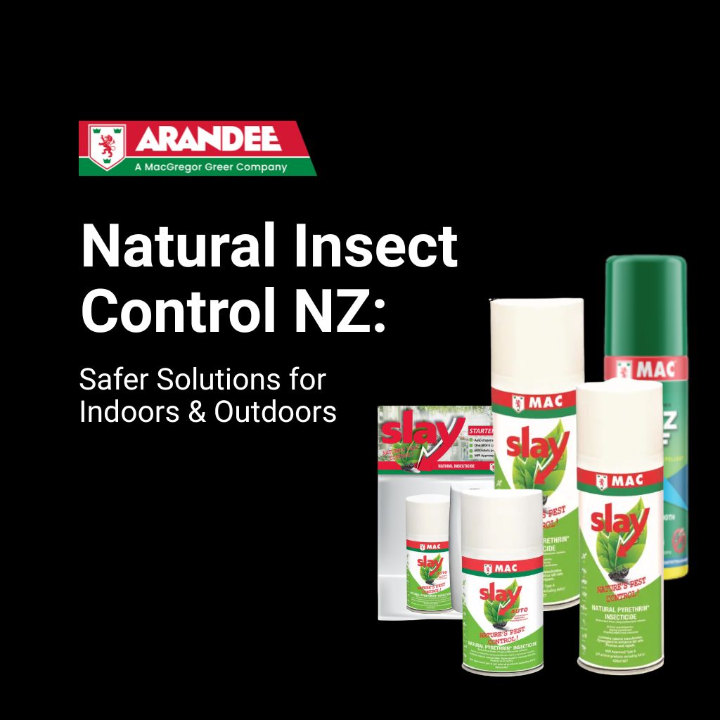 natural insect control nz solutions including MAC Slay Natural Insecticide, Buzz Off Repellent, and Auto Dispenser Starter Pack for safe indoor and outdoor use